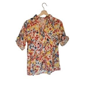 Eden Olivia Women's Floral Print Button Up Shirt Size S Roll Tab Sleeves